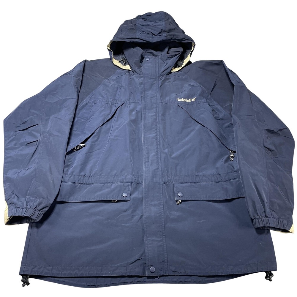 Vintage Timberland Jacket Mens 2XL Navy Hooded Weathergear Parka Coat 90s